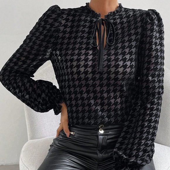 Houndstooth Print Tie Neck Flare Sleeve Top Black - Picture 2 of 5